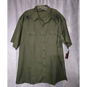 Men's Rock Steady Clothing Short Sleeve Snap Front Shirt Army Green Skull 3X